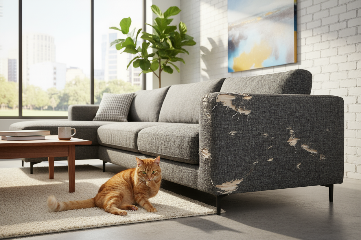 canapé avec des graffigne de chat sur le côté sur le tissu, avec le chat à côté