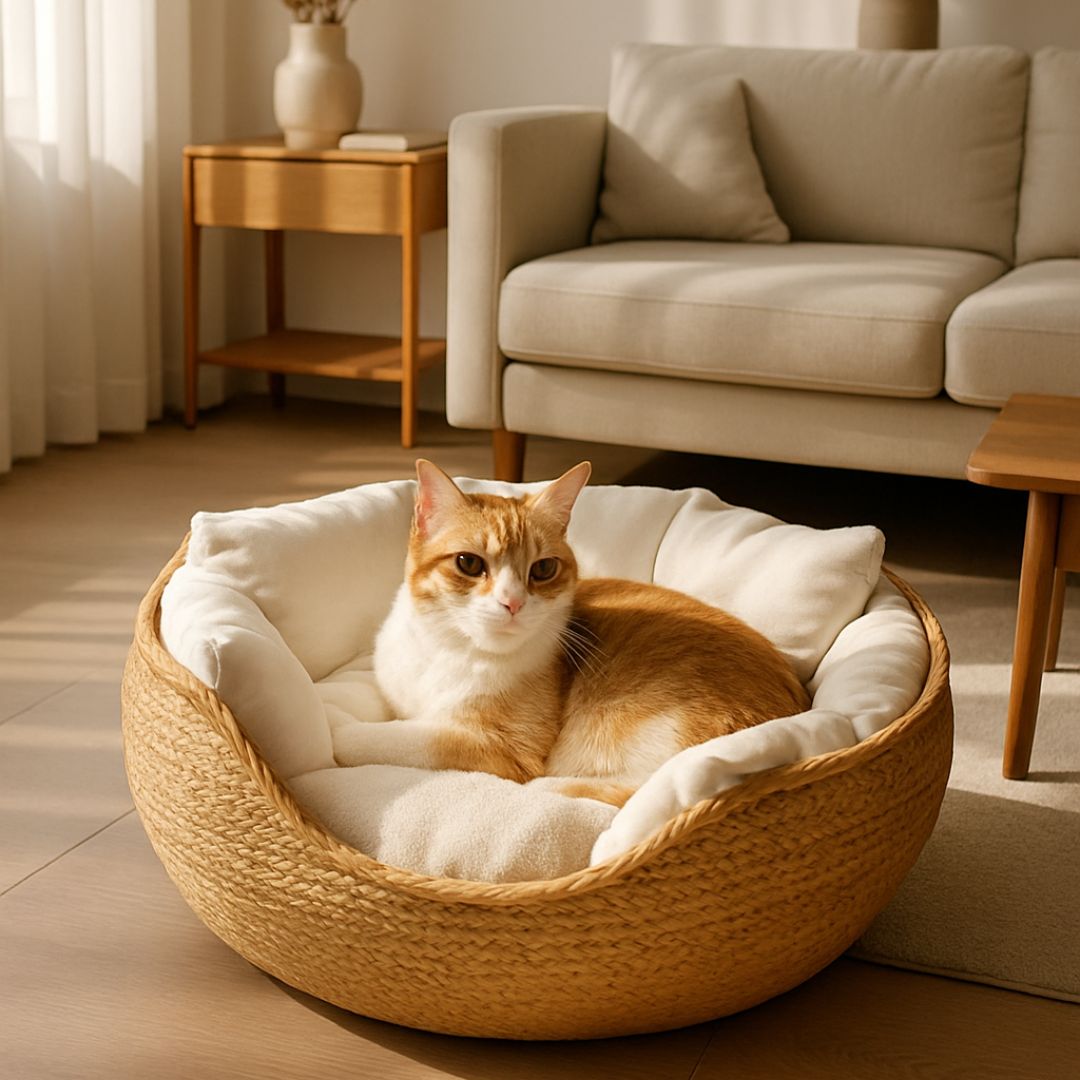 panier chat en osier avec coussin