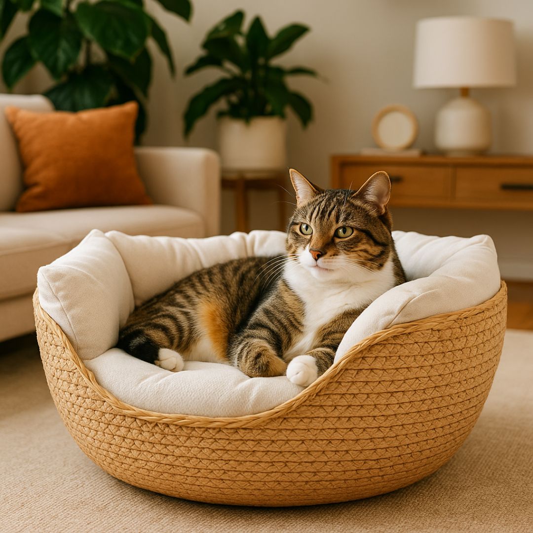 panier chat en osier coussin