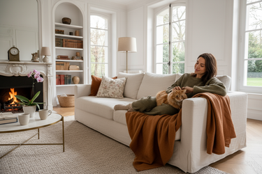 Une femme dans son salon avec son chat